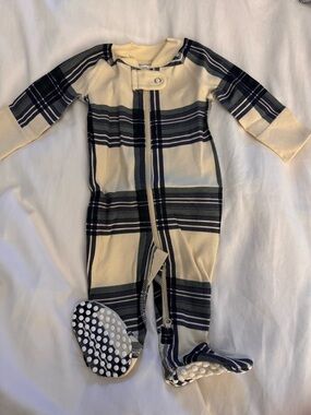 Hanna Andersson Cream and Navy Plaid Footed One-Piece